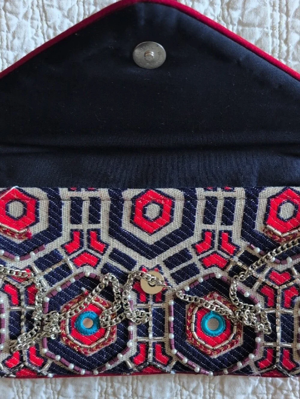Embroidered Navy & Pink Geometric Beaded Clutch